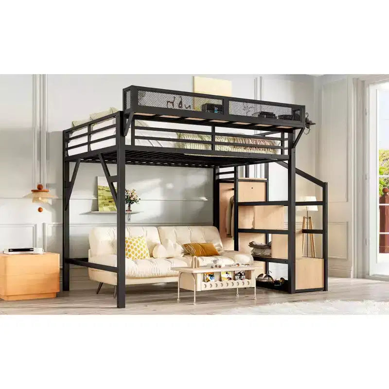 Lit mezzanine complet avec escalier de rangement, armoire et étagères intégrées, cadre métallique, ports USB, lumières LED, design anti-bruit, bois naturel