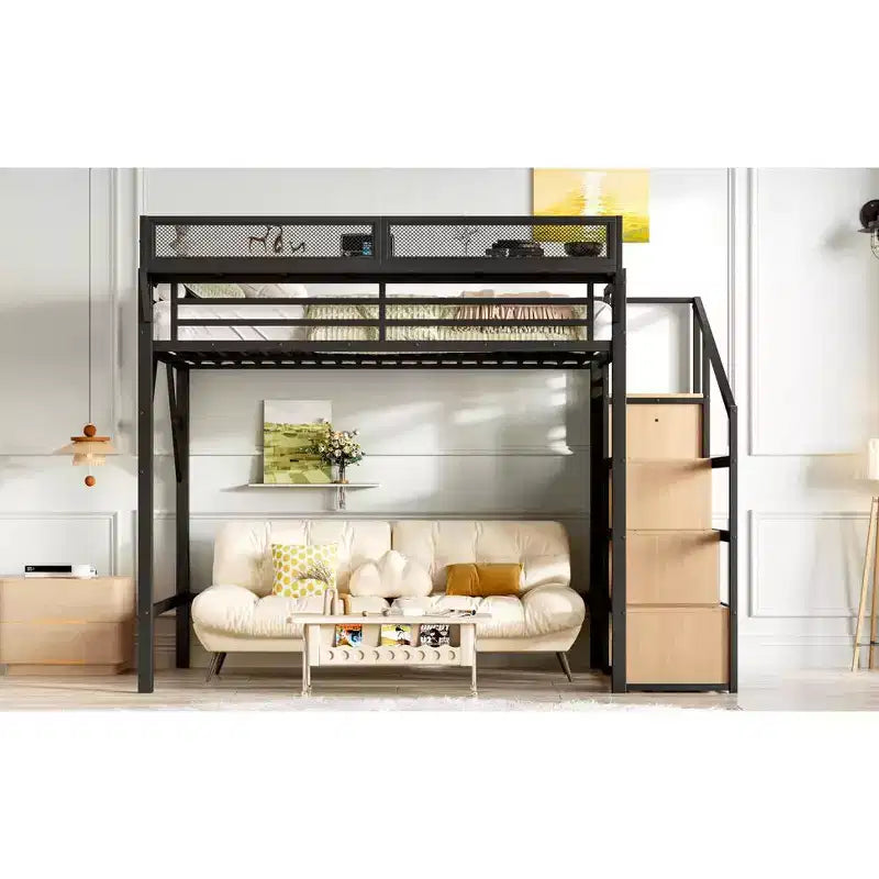 Lit mezzanine complet avec escalier de rangement, armoire et étagères intégrées, cadre métallique, ports USB, lumières LED, design anti-bruit, bois naturel