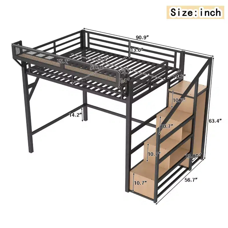Lit mezzanine complet avec escalier de rangement, armoire et étagères intégrées, cadre métallique, ports USB, lumières LED, design anti-bruit, bois naturel