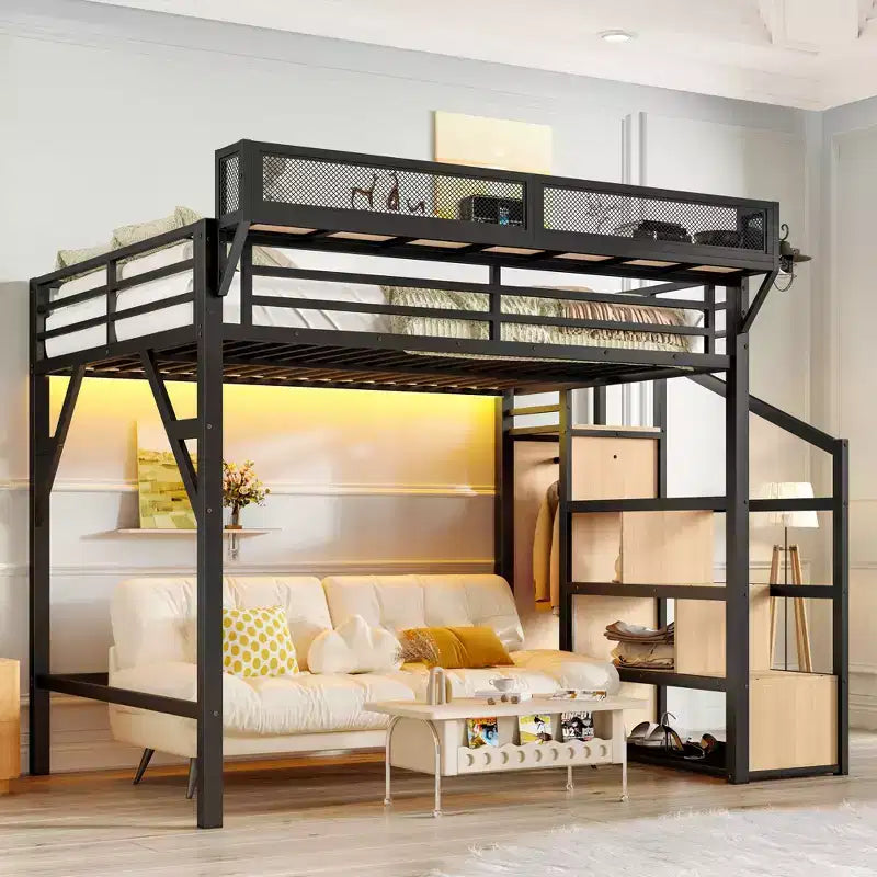 Lit mezzanine complet avec escalier de rangement, armoire et étagères intégrées, cadre métallique, ports USB, lumières LED, design anti-bruit, bois naturel