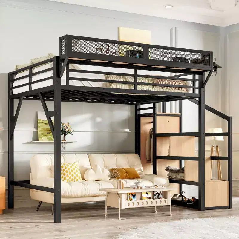 Lit mezzanine complet avec escalier de rangement, armoire et étagères intégrées, cadre métallique, ports USB, lumières LED, design anti-bruit, bois naturel
