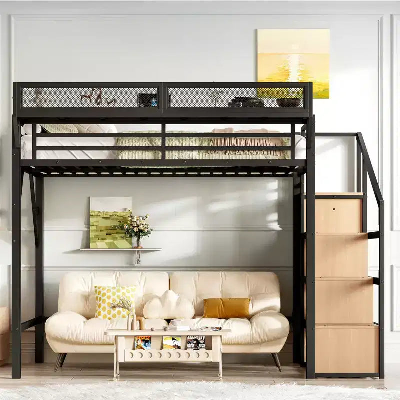 Lit mezzanine complet avec escalier de rangement, armoire et étagères intégrées, cadre métallique, ports USB, lumières LED, design anti-bruit, bois naturel