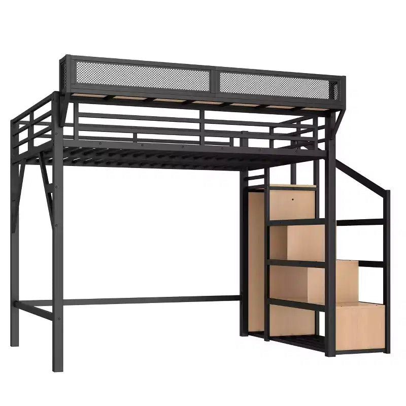 Lit mezzanine complet avec escalier de rangement, armoire et étagères intégrées, cadre métallique, ports USB, lumières LED, design anti-bruit, bois naturel