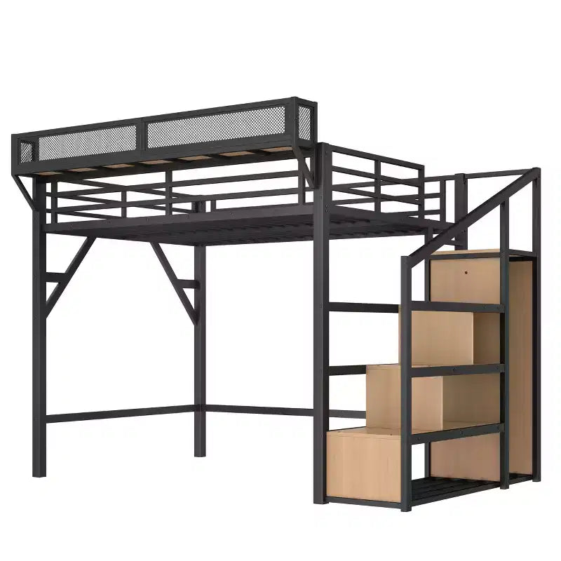 Lit mezzanine complet avec escalier de rangement, armoire et étagères intégrées, cadre métallique, ports USB, lumières LED, design anti-bruit, bois naturel