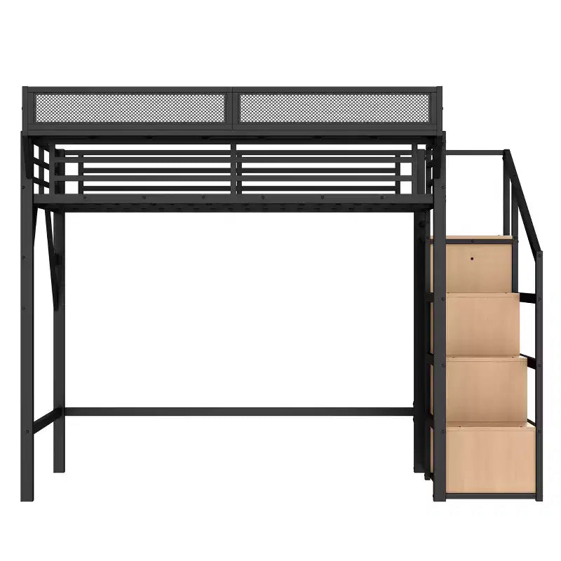 Lit mezzanine complet avec escalier de rangement, armoire et étagères intégrées, cadre métallique, ports USB, lumières LED, design anti-bruit, bois naturel