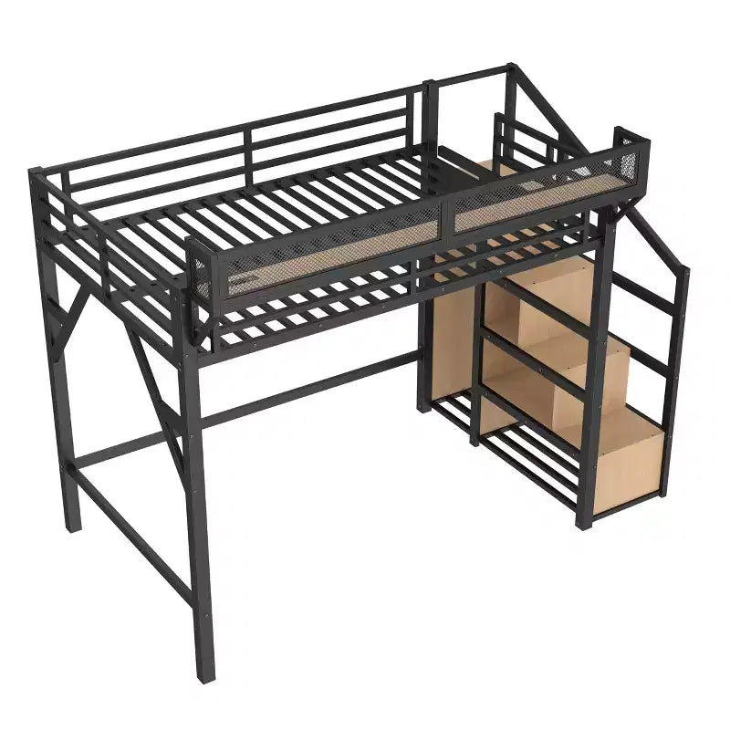 Lit mezzanine complet avec escalier de rangement, armoire et étagères intégrées, cadre métallique, ports USB, lumières LED, design anti-bruit, bois naturel
