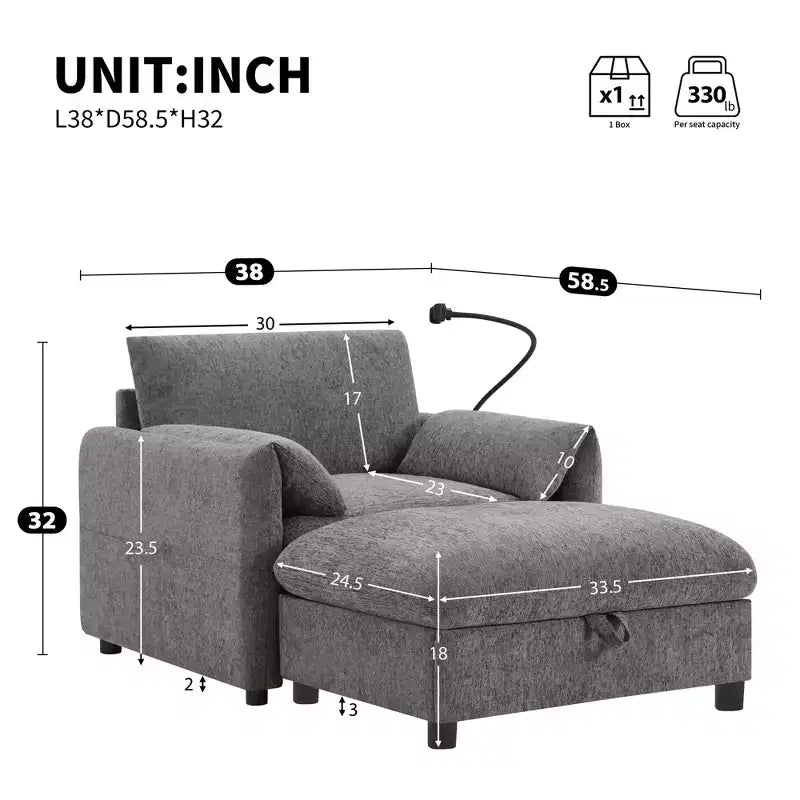 Fauteuil individuel en chenille avec pouf de rangement et support de téléphone réglable, port de chargement USB, poches latérales, accoudoirs rembourrés