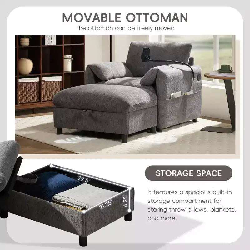 Fauteuil individuel en chenille avec pouf de rangement et support de téléphone réglable, port de chargement USB, poches latérales, accoudoirs rembourrés