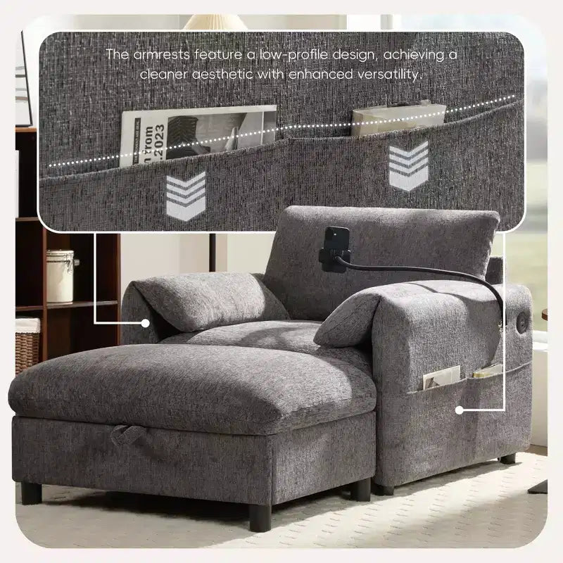 Fauteuil individuel en chenille avec pouf de rangement et support de téléphone réglable, port de chargement USB, poches latérales, accoudoirs rembourrés