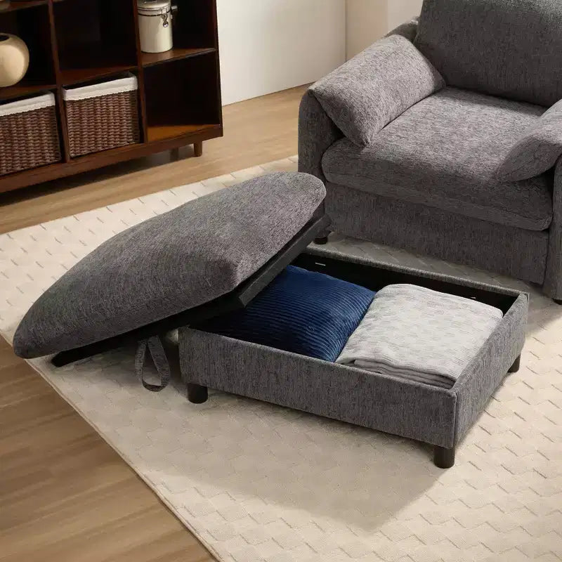 Fauteuil individuel en chenille avec pouf de rangement et support de téléphone réglable, port de chargement USB, poches latérales, accoudoirs rembourrés