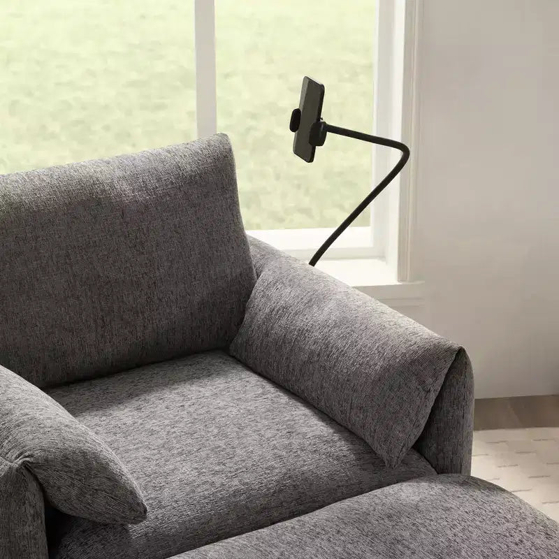 Fauteuil individuel en chenille avec pouf de rangement et support de téléphone réglable, port de chargement USB, poches latérales, accoudoirs rembourrés