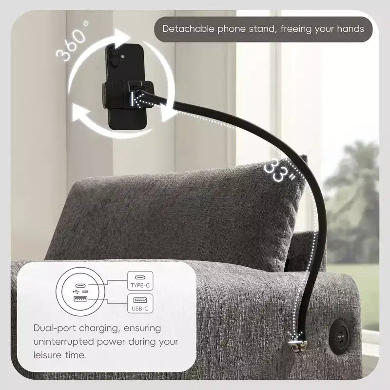 Fauteuil individuel en chenille avec pouf de rangement et support de téléphone réglable, port de chargement USB, poches latérales, accoudoirs rembourrés