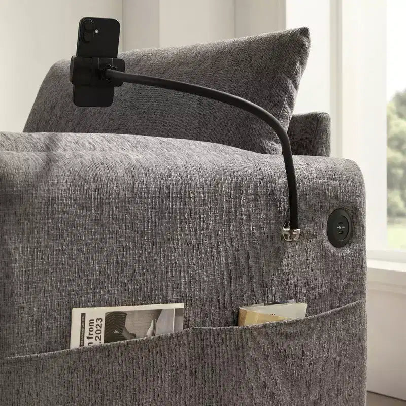 Fauteuil individuel en chenille avec pouf de rangement et support de téléphone réglable, port de chargement USB, poches latérales, accoudoirs rembourrés