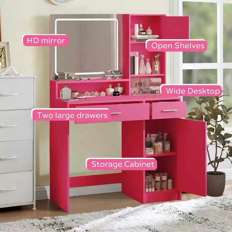 Coiffeuse avec grand miroir rectangulaire, coiffeuse avec commode de rangement à 3 niveaux, coiffeuse compacte pour chambre à coucher, salle de bain