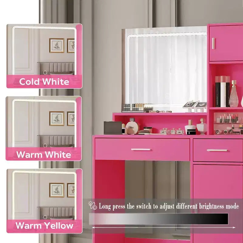 Coiffeuse avec grand miroir rectangulaire, coiffeuse avec commode de rangement à 3 niveaux, coiffeuse compacte pour chambre à coucher, salle de bain