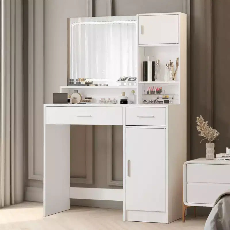 Coiffeuse avec grand miroir rectangulaire, coiffeuse avec commode de rangement à 3 niveaux, coiffeuse compacte pour chambre à coucher, salle de bain