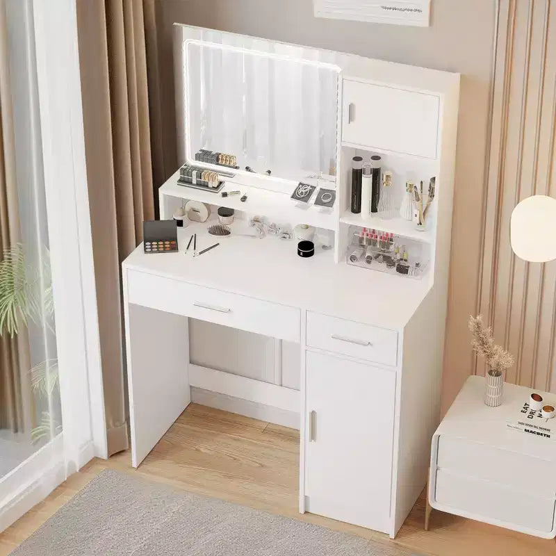 Coiffeuse avec grand miroir rectangulaire, coiffeuse avec commode de rangement à 3 niveaux, coiffeuse compacte pour chambre à coucher, salle de bain