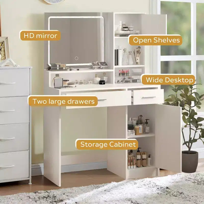 Coiffeuse avec grand miroir rectangulaire, coiffeuse avec commode de rangement à 3 niveaux, coiffeuse compacte pour chambre à coucher, salle de bain