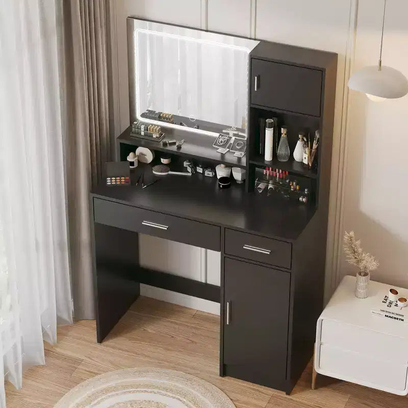 Coiffeuse avec grand miroir rectangulaire, coiffeuse avec commode de rangement à 3 niveaux, coiffeuse compacte pour chambre à coucher, salle de bain