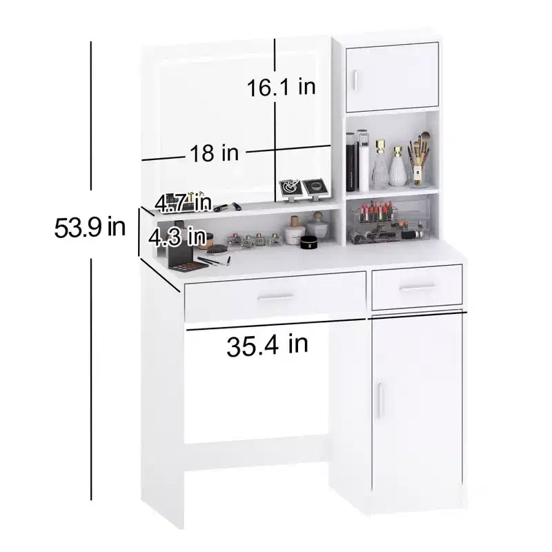 Coiffeuse avec grand miroir rectangulaire, coiffeuse avec commode de rangement à 3 niveaux, coiffeuse compacte pour chambre à coucher, salle de bain