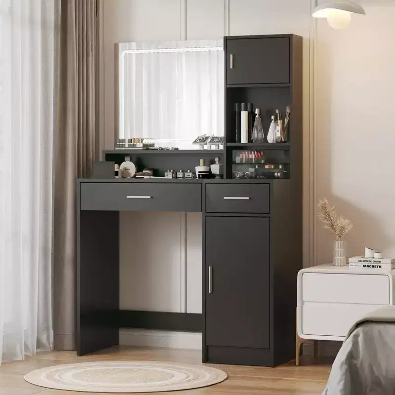 Coiffeuse avec grand miroir rectangulaire, coiffeuse avec commode de rangement à 3 niveaux, coiffeuse compacte pour chambre à coucher, salle de bain