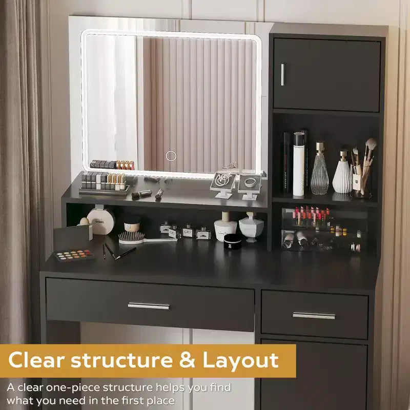 Coiffeuse avec grand miroir rectangulaire, coiffeuse avec commode de rangement à 3 niveaux, coiffeuse compacte pour chambre à coucher, salle de bain