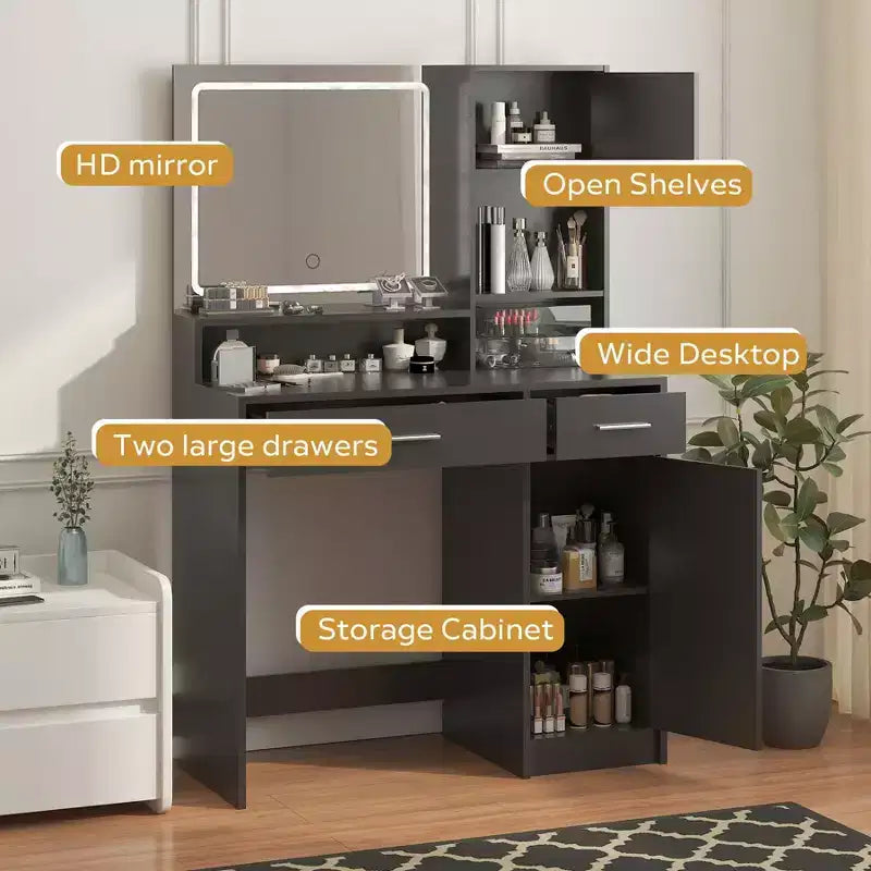 Coiffeuse avec grand miroir rectangulaire, coiffeuse avec commode de rangement à 3 niveaux, coiffeuse compacte pour chambre à coucher, salle de bain