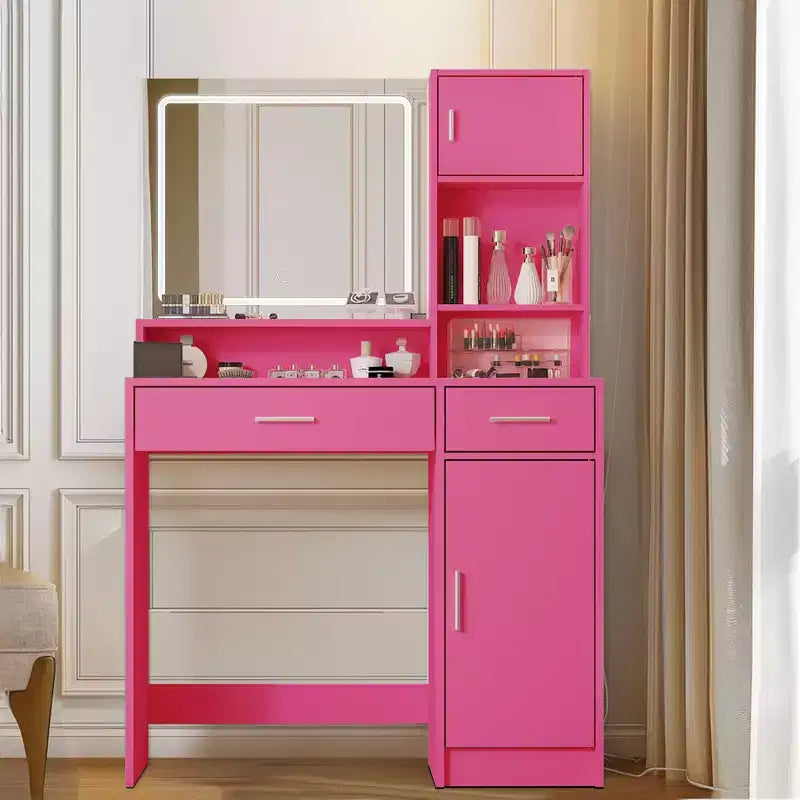 Coiffeuse avec grand miroir rectangulaire, coiffeuse avec commode de rangement à 3 niveaux, coiffeuse compacte pour chambre à coucher, salle de bain