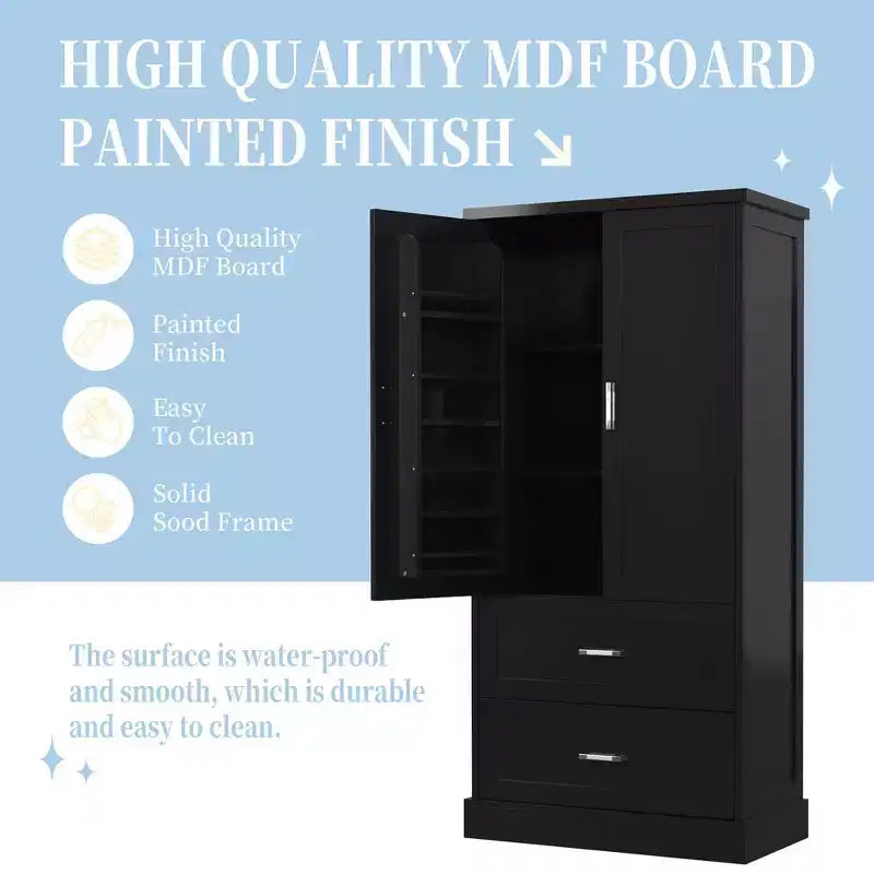 Meuble de rangement de salle de bain de 162,5 cm de hauteur avec étagère réglable, grande armoire de rangement avec 2 tiroirs et 2 portes