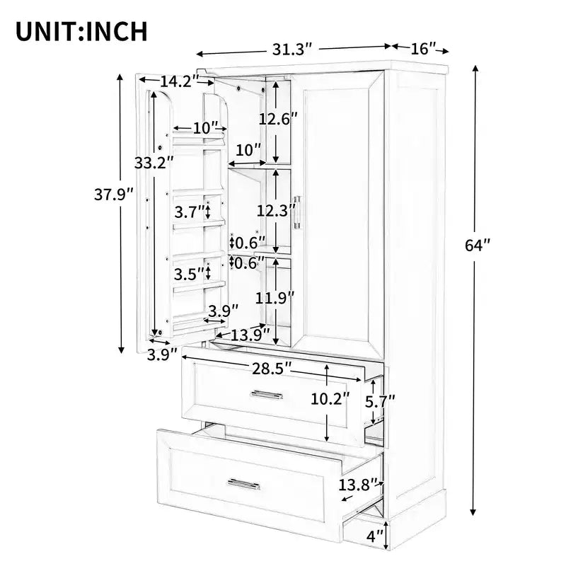 Meuble de rangement de salle de bain de 162,5 cm de hauteur avec étagère réglable, grande armoire de rangement avec 2 tiroirs et 2 portes
