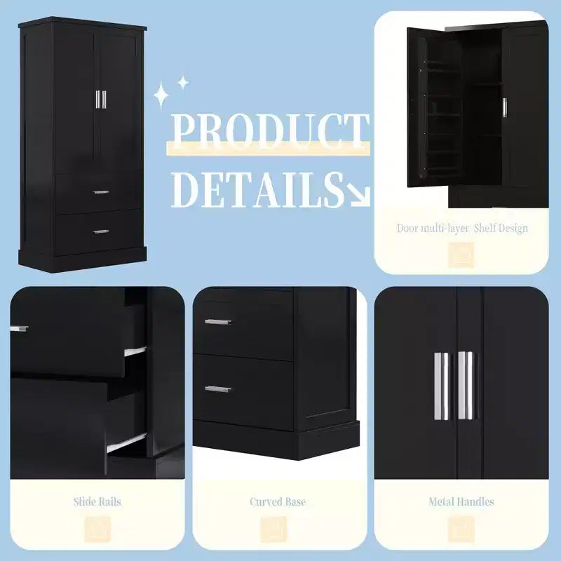 Meuble de rangement de salle de bain de 162,5 cm de hauteur avec étagère réglable, grande armoire de rangement avec 2 tiroirs et 2 portes