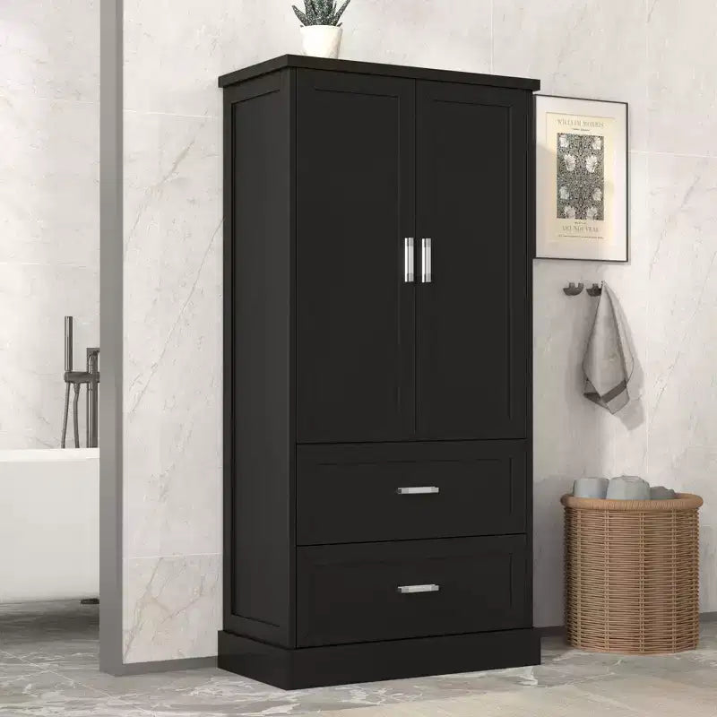 Meuble de rangement de salle de bain de 162,5 cm de hauteur avec étagère réglable, grande armoire de rangement avec 2 tiroirs et 2 portes