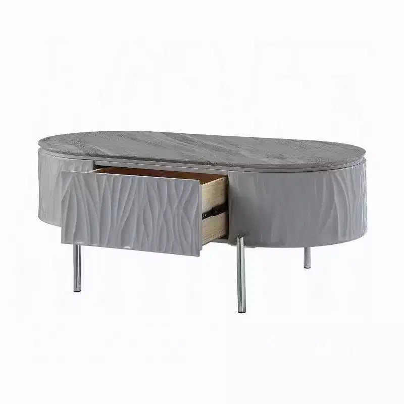 Table Basse, Gris Laqué, Métal Chromé, Bois Gris, 120 cm