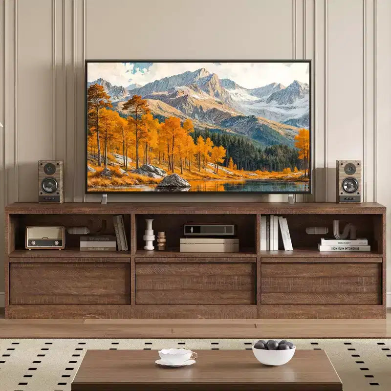 Meuble TV de 70 pouces pour téléviseurs de 80 pouces, meuble de divertissement moderne du milieu du siècle avec tiroir de rangement et étagères ouvertes, meuble de console multimédia en bois pour salon
