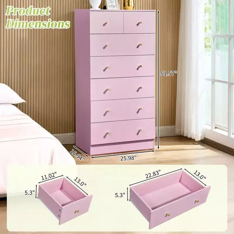 Grande commode à 7 tiroirs pour chambre à coucher et commode à tiroirs avec construction robuste en bois, organisateur de rangement pour placard, couleur rose