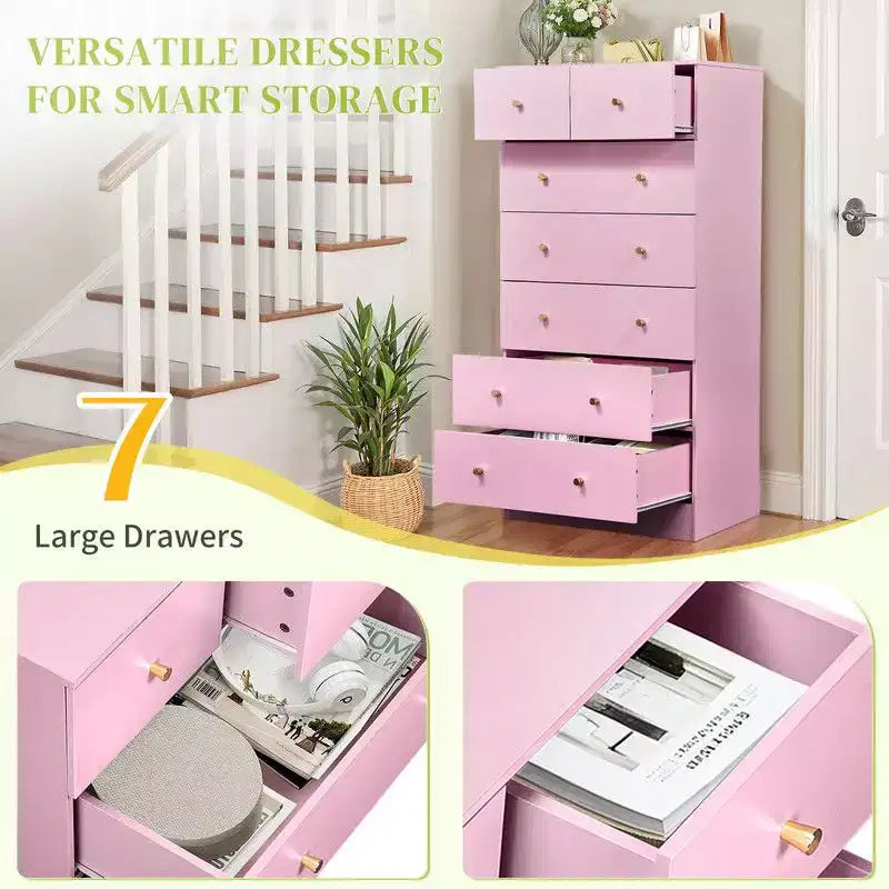 Grande commode à 7 tiroirs pour chambre à coucher et commode à tiroirs avec construction robuste en bois, organisateur de rangement pour placard, couleur rose