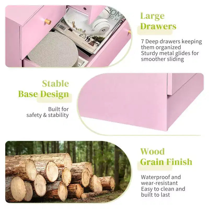 Grande commode à 7 tiroirs pour chambre à coucher et commode à tiroirs avec construction robuste en bois, organisateur de rangement pour placard, couleur rose