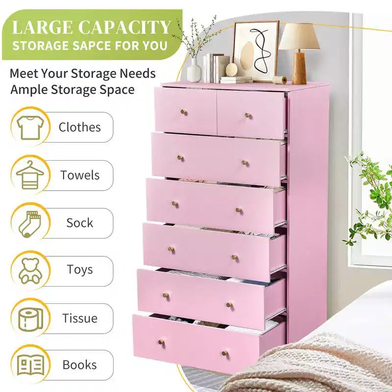 Grande commode à 7 tiroirs pour chambre à coucher et commode à tiroirs avec construction robuste en bois, organisateur de rangement pour placard, couleur rose