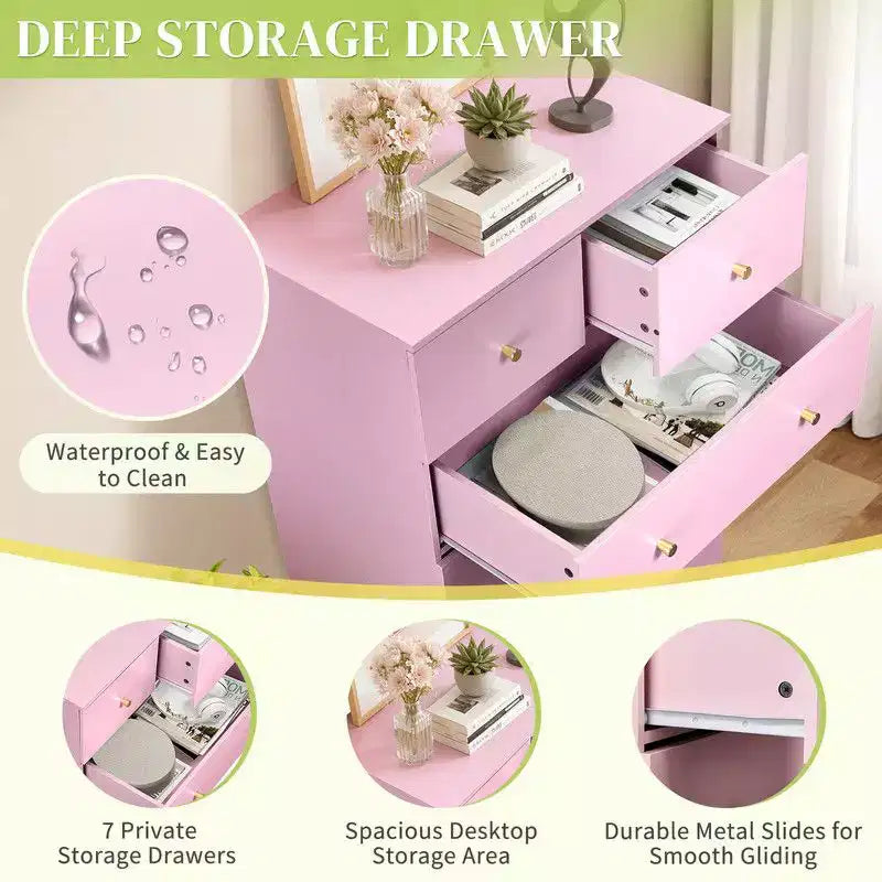 Grande commode à 7 tiroirs pour chambre à coucher et commode à tiroirs avec construction robuste en bois, organisateur de rangement pour placard, couleur rose