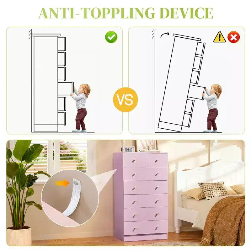 Grande commode à 7 tiroirs pour chambre à coucher et commode à tiroirs avec construction robuste en bois, organisateur de rangement pour placard, couleur rose