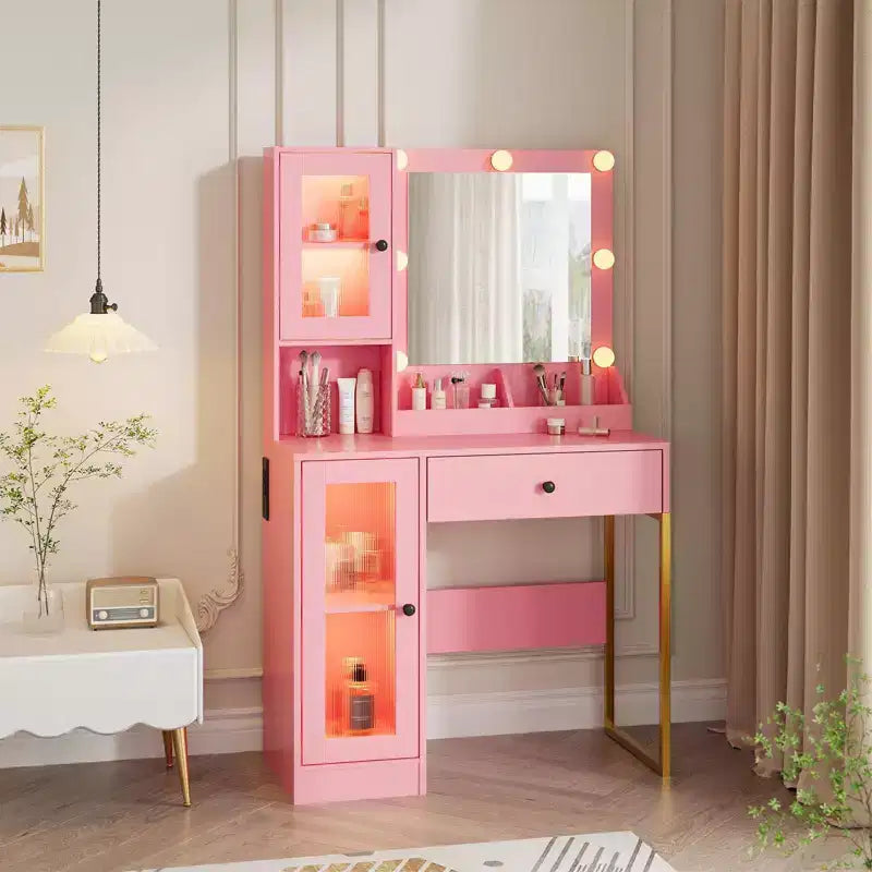 Coiffeuse avec Lumières LED et Miroir, Grande Table de Maquillage 33W avec Grand Tiroir, Meuble de Rangement, Coiffeuse pour Chambre à Coucher