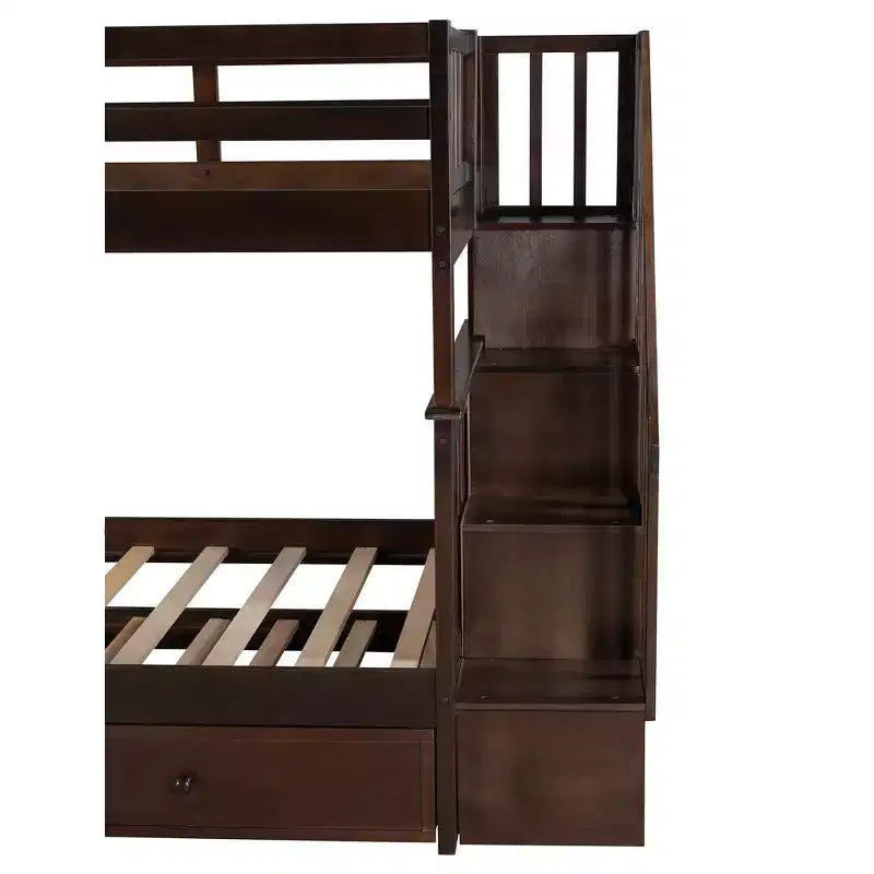 Lit superposé jumeau sur jumeau avec lit gigogne et escalier, espace de rangement optimisé
