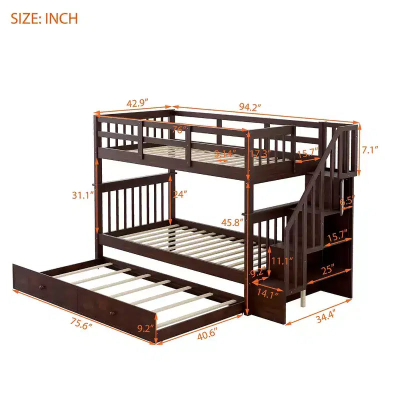 Lit superposé jumeau sur jumeau avec lit gigogne et escalier, espace de rangement optimisé
