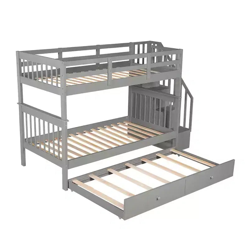 Lit superposé jumeau sur jumeau avec lit gigogne et escalier, espace de rangement optimisé