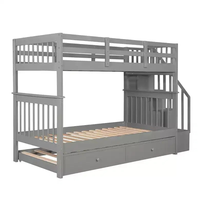 Lit superposé jumeau sur jumeau avec lit gigogne et escalier, espace de rangement optimisé