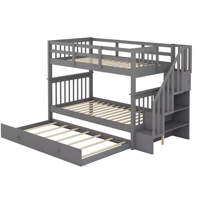 Lit superposé jumeau sur jumeau avec lit gigogne et escalier, espace de rangement optimisé