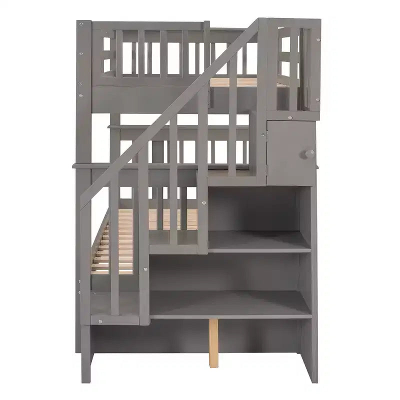 Lit superposé jumeau sur jumeau avec lit gigogne et escalier, espace de rangement optimisé