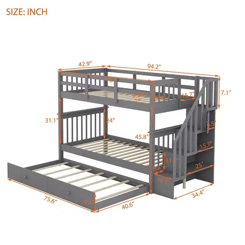 Lit superposé jumeau sur jumeau avec lit gigogne et escalier, espace de rangement optimisé