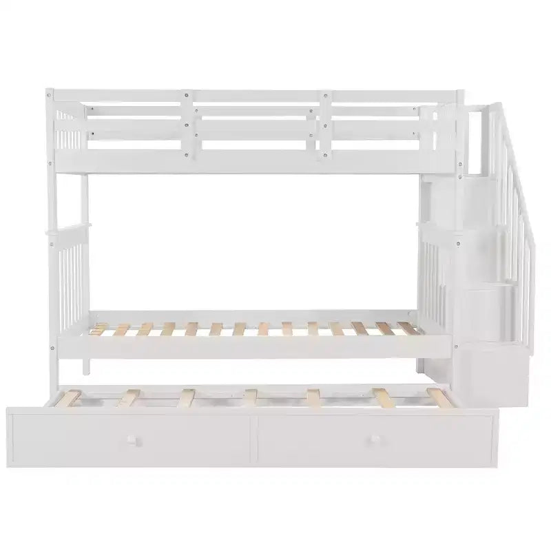 Lit superposé jumeau sur jumeau avec lit gigogne et escalier, espace de rangement optimisé