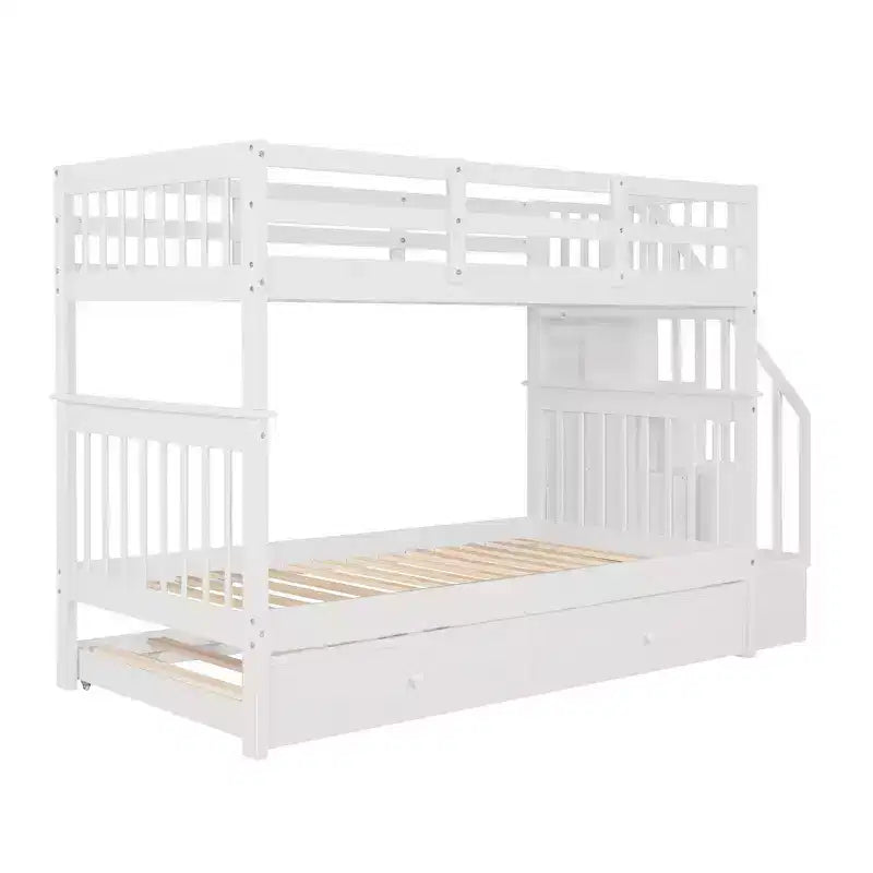 Lit superposé jumeau sur jumeau avec lit gigogne et escalier, espace de rangement optimisé